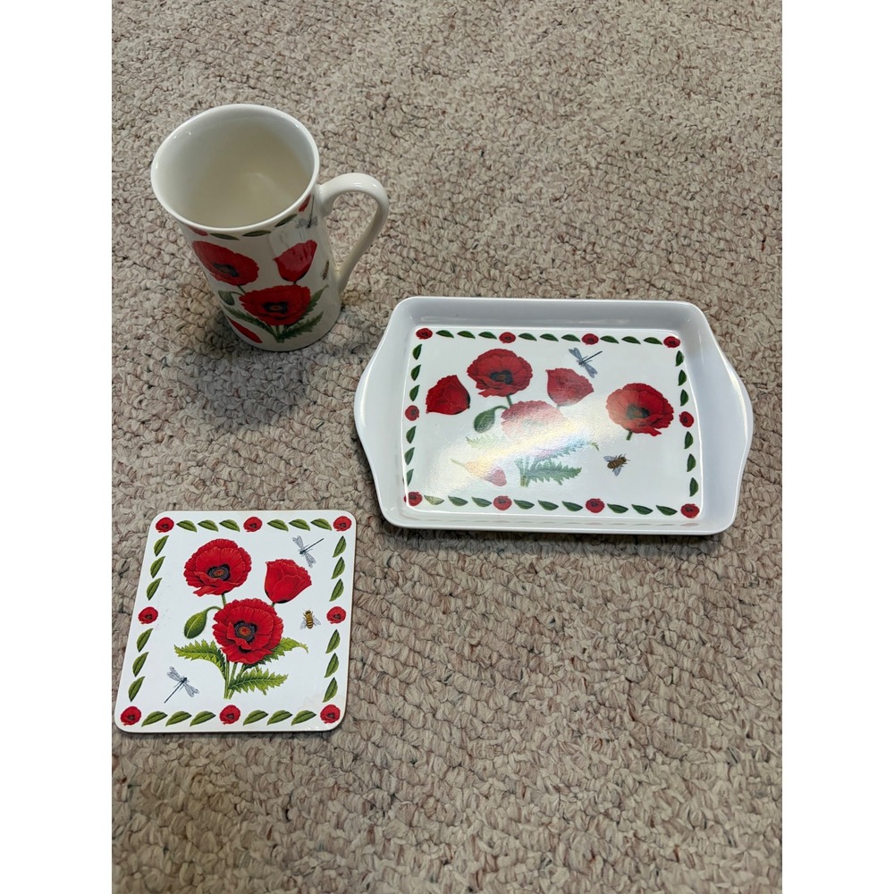 Kent Pottery mug  Red Poppy 3 Piece Set Mug Tray Coaster Floral Botanical Design